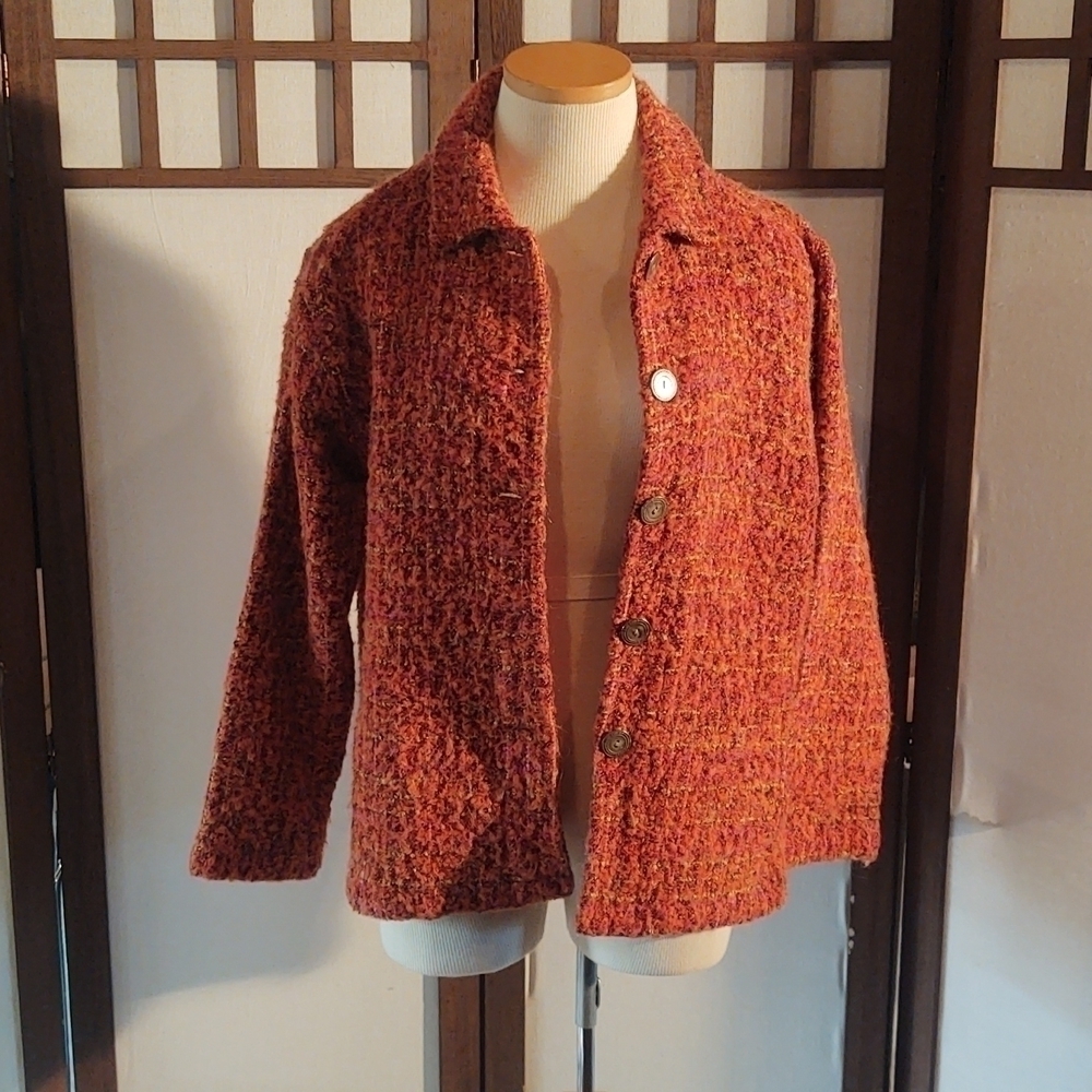 Chico's Lightweight Burt Orange Tweed Knit Cardigan Jacket Sz 1